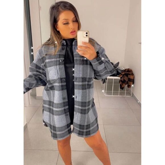 H&M Felted Shacket Shirt Jacket Blue Plaid New - Picture 6 of 12